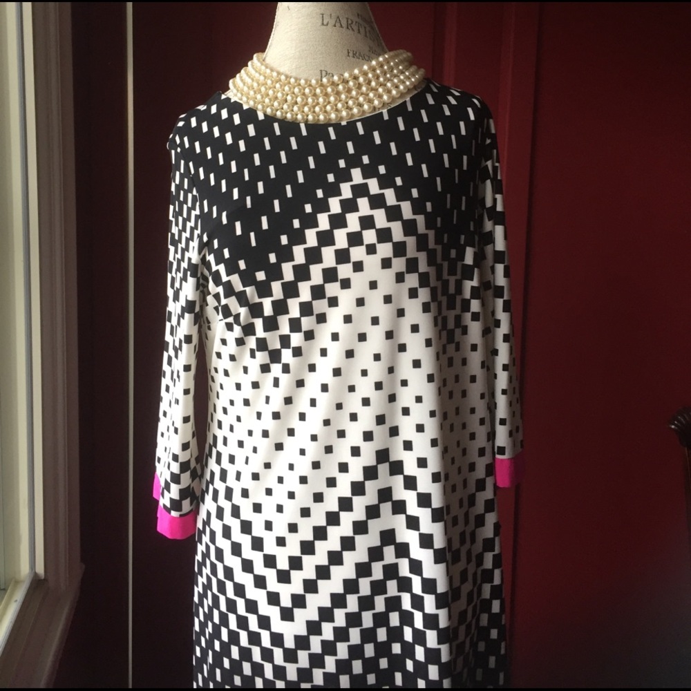 Sandra Darren Black and White Pixel Midi Dress with Pink Accents
